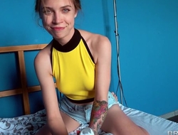 Blue-eyed Russian babe with perky tits fucks her boyfriend in bed